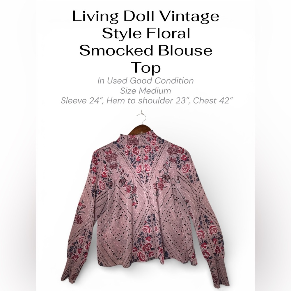 Vintage-Style Floral Smocked Blouse – Pink & Purple | Size Medium